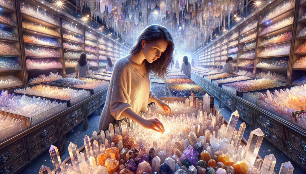 Beginner browsing polished crystal points and tumbled stones in a bright crystal shop.