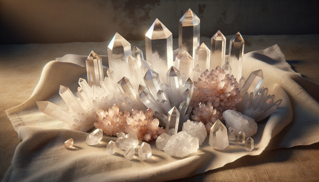 Clear Quartz crystal points and clusters arranged in a healing grid on a wooden table.