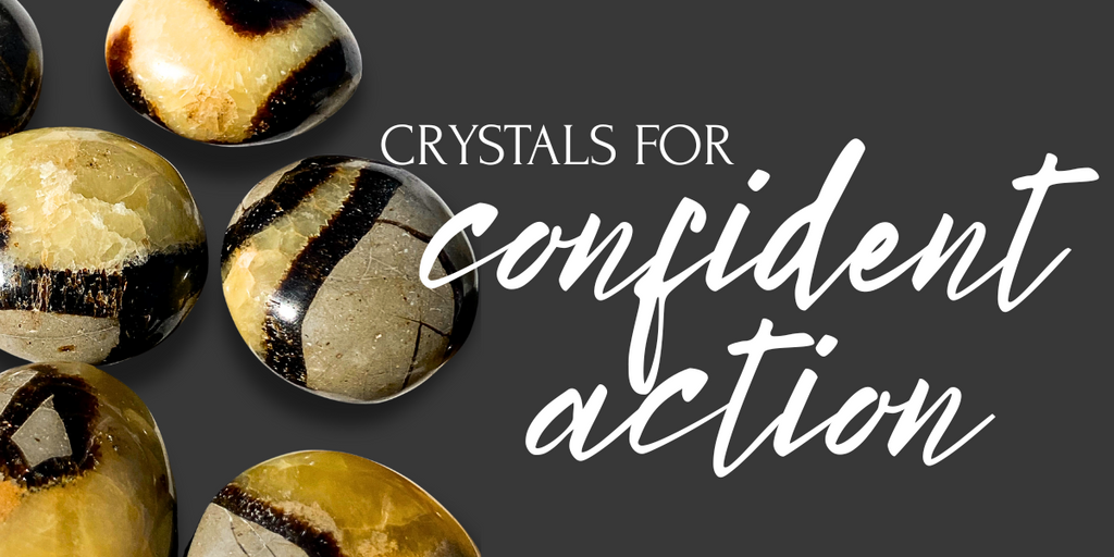 Septarian tumbles and the title Crystals for Confident Action. Blog banner for a crystal bundle focused on confidence, creativity and protection.