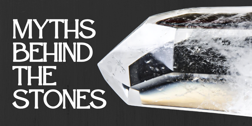 A polished point of Clear Quartz next to bold white text reading ‘Myths Behind the Stones’ on a dark wood background.