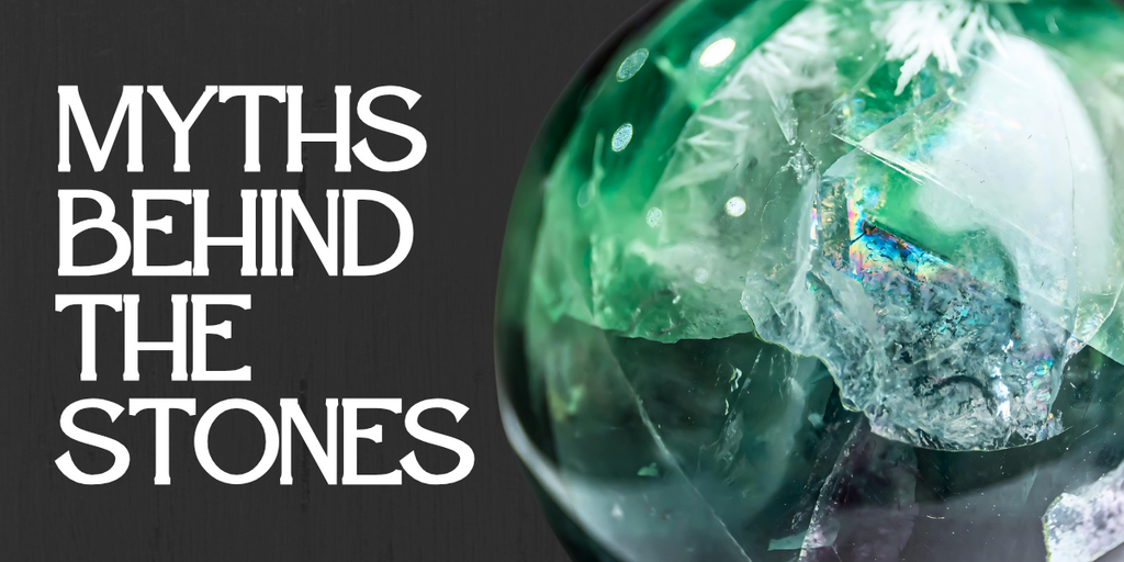 A polished piece of Fluorite next to bold white text reading ‘Myths Behind the Stones’ on a dark wood background.