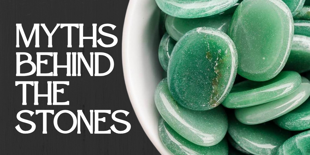 A bowl of polished of Green Aventurine next to bold white text reading ‘Myths Behind the Stones’ on a dark wood background.