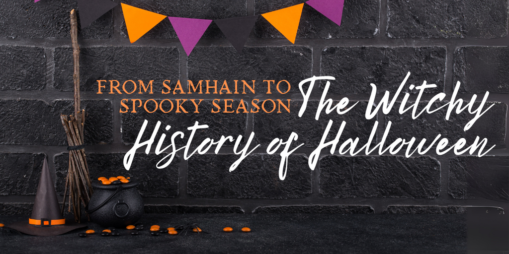 Halloween banner with witch hat, broom, cauldron, and bunting. Text reads: From Samhain to Spooky Season – The Witchy History of Halloween.