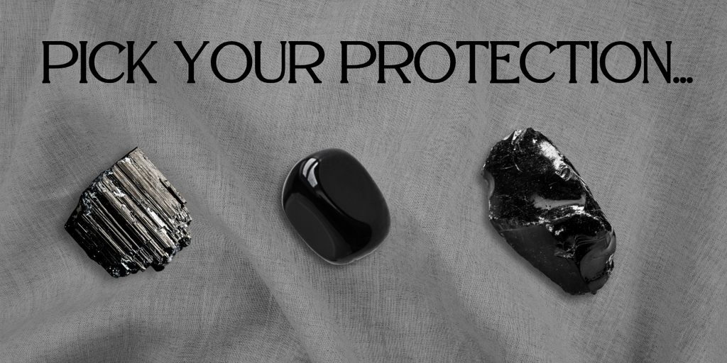 Raw Black Tourmaline left, polished Onyx centre and glossy Black Obsidian right on grey linen background; header text reads Pick Your Protection.