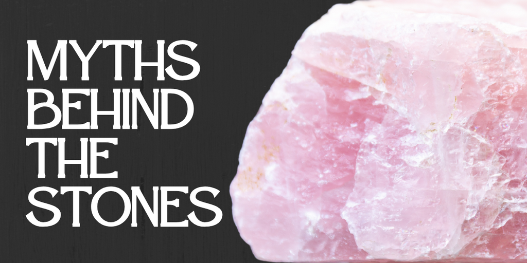 A closeup photo of Rose Quartz rough stone with the text "Myths behind the stones"