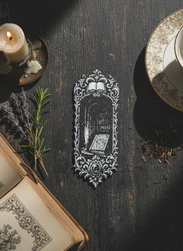 Vintage book, candle, and teacup on a dark wooden surface with 3D printed bookmark