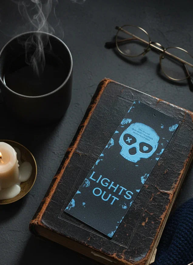 Vintage book with 'Lights Out' cover, smoking mug, glasses, and candle on a dark surface
