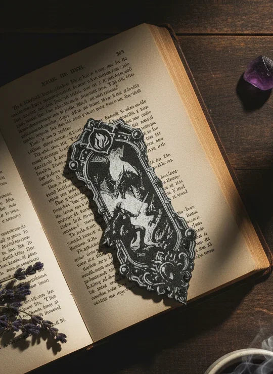 Decorative bookmark with a DRAGON SLAYER design on an open book