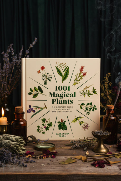 Book titled '1001 Magical Plants' on a table with herbs and candles.
