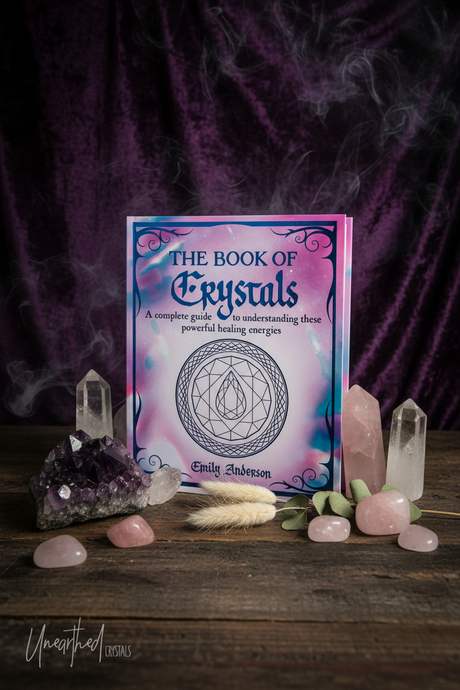 Book of Crystals with crystals and smoky quartz on a wooden surface against a purple fabric background