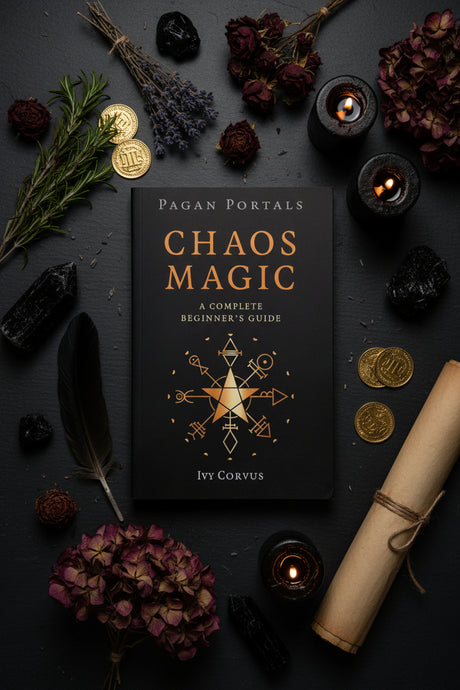 The front cover of the book 'Chaos Magic: A Complete Beginner's Guide' by Ivy Corvus, published by Pagan Portals. The cover is a very dark, near-black purple with gold text and a gold star pentagram symbol in the center