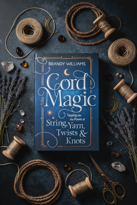 Book titled 'Cord Magic' by Brandy Williams surrounded by yarn and tools on a dark background