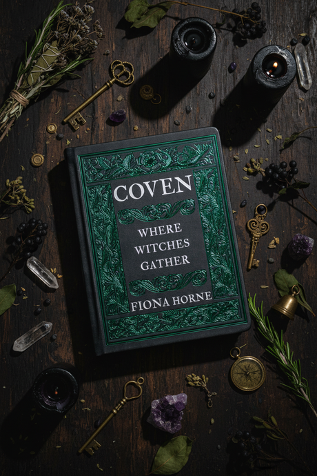 Book titled 'Coven: Where Witches Gather' by Fiona Horne on a dark wooden surface with candles and keys.