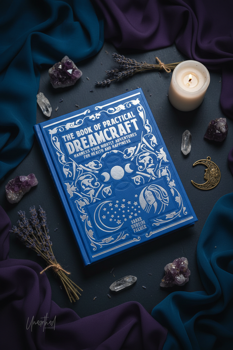 Blue book titled 'The Book of Practical Dreamcraft' surrounded by mystical items on a dark surface.