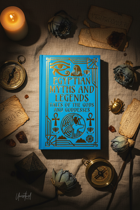 Blue book titled 'Egyptian Myths and Legends' on a textured surface with candles and decorative items.