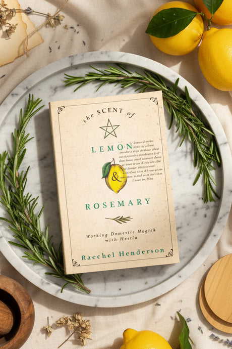 Book titled 'The Scent of Lemon & Rosemary' by Racquel Henderson on a marble surface with lemons and rosemary background.