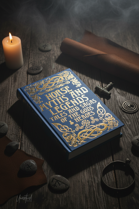 Decorative book titled 'Myths and Legends' on a wooden surface with a candle and other objects.