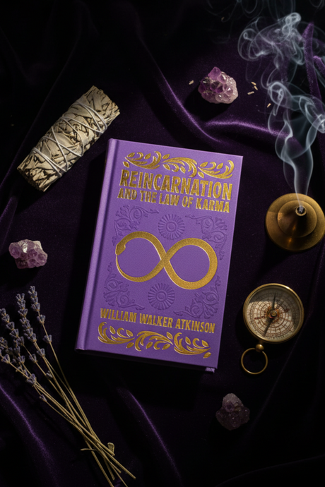 Purple book titled 'Reincarnation and the Law of Karma' by William Walker Atkinson on a dark fabric background with crystals and a compass.