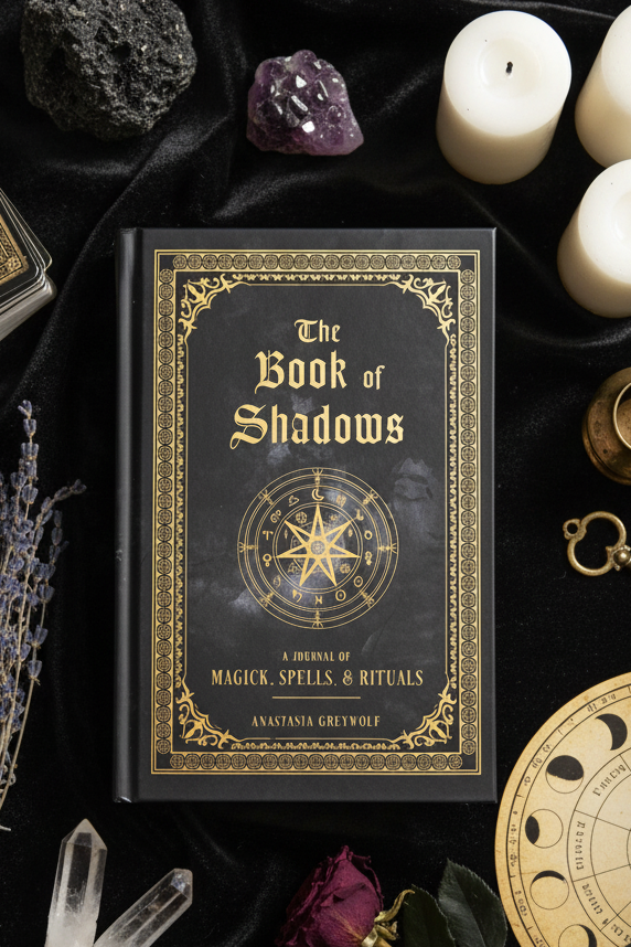 Book titled 'The Book of Shadows' surrounded by mystical items on a dark background