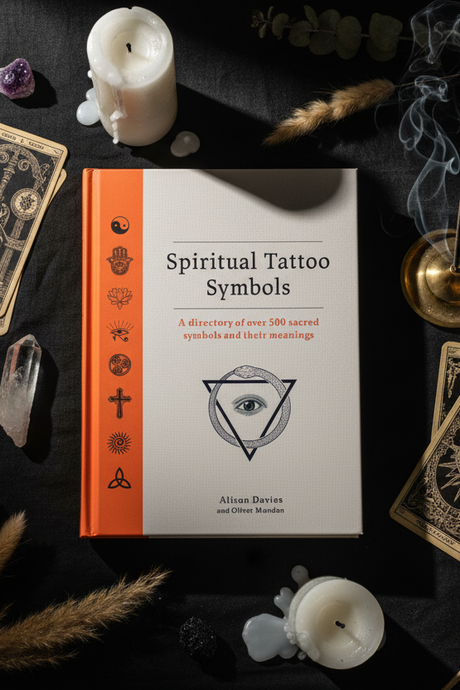 Book titled 'Spiritual Tattoo Symbols' surrounded by candles, cards, and crystals on a dark surface