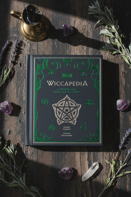 Book titled 'Wiccapedia' on a wooden surface with herbs and crystals.