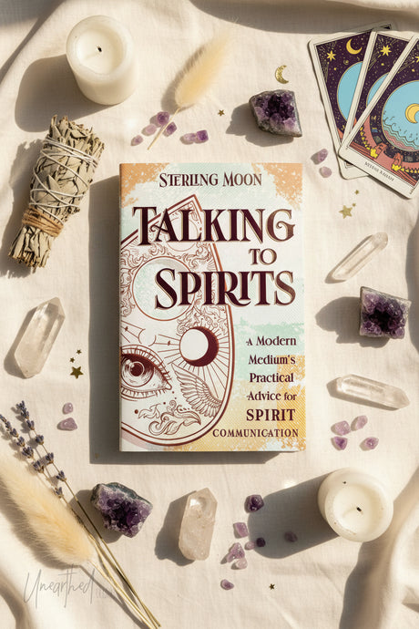 Book titled 'Talking to Spirits' by Sterling Moon on a white surface with a dark background