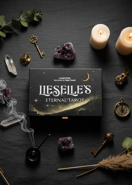 Lieselotte's Eternal Tarot box surrounded by candles, crystals, and decorative items on a dark surface.