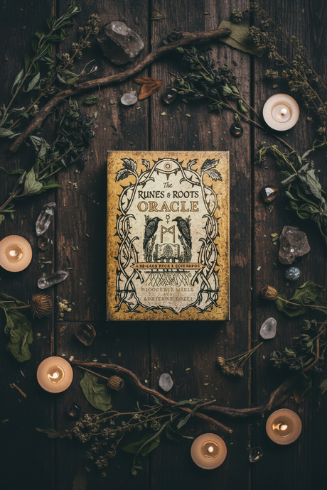 Book titled 'Runes & Roots Oracle' with decorative cover design on a textured surface.