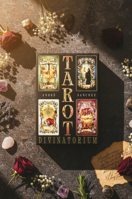 Tarot cards with 'Divinatorium' on a textured surface with flowers and stones.