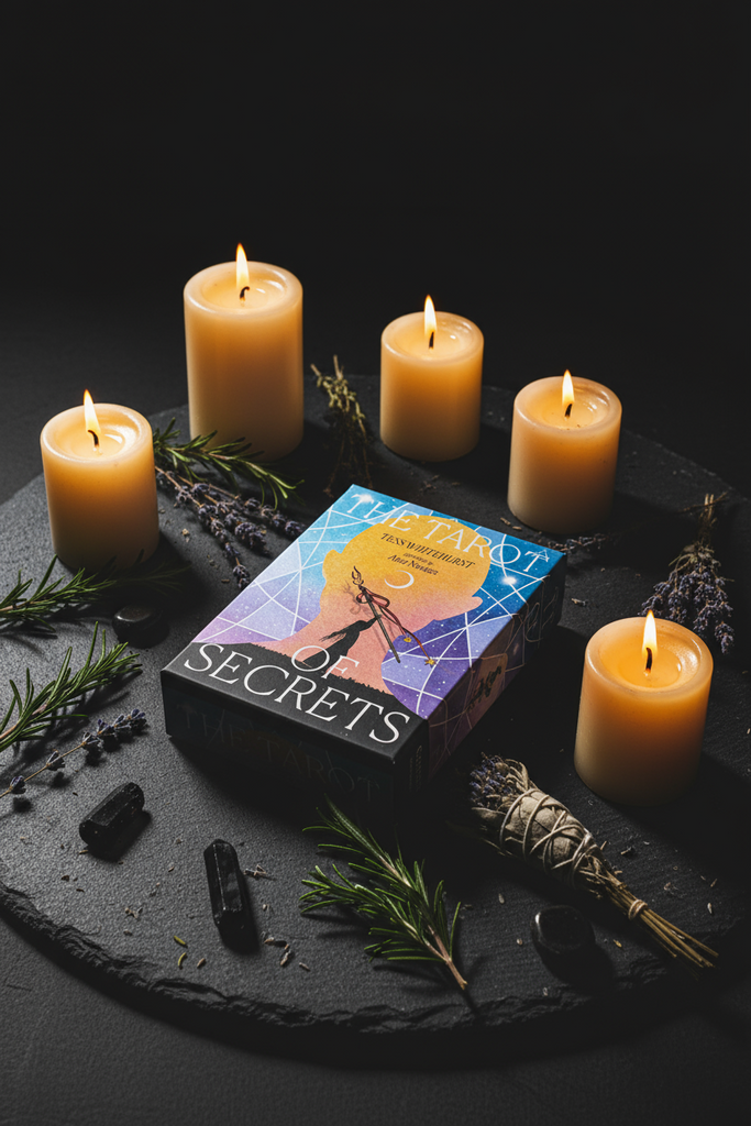 'The Tarot of Secrets' surrounded by lit candles and herbs on a dark surface
