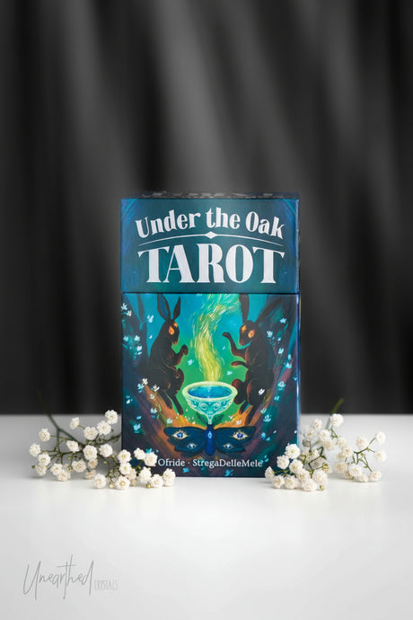 Tarot card box titled 'Under the Oak Tarot' with a dark background