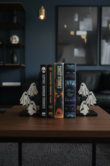 Stack of books on a surface with ghost bookends