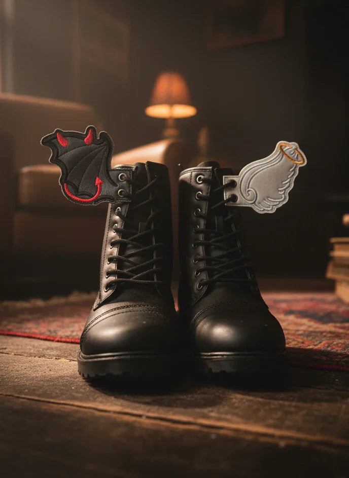 Pair of black boots with decorative emblems on a wooden floor.