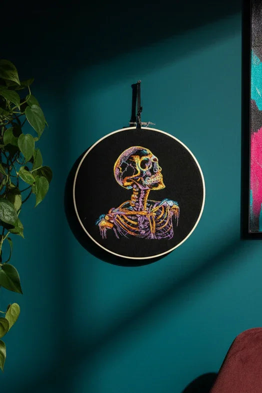 Embroidery hoop with a colorful skeleton design on a teal wall.