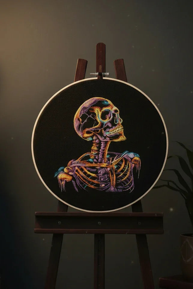 Embroidery hoop with a colorful skeleton design on a dark background