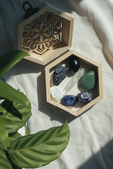 Hexagonal wooden box with crystals for Anxiety and a plant on a light fabric background
