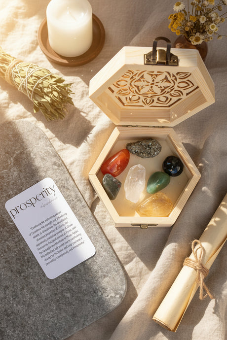 Wooden hexagonal box with stones and a 'prosperity' card on a white background
