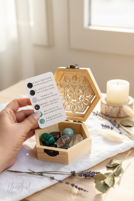 Wooden hexagonal box with crystals and a card, held by a hand, on a light surface with lavender and a candle in the background.