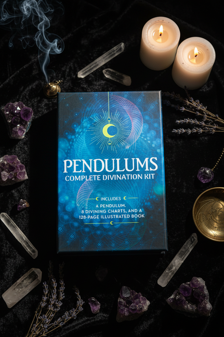 Pendulums Complete Divination Kit with candles, crystals, and herbs on a dark background