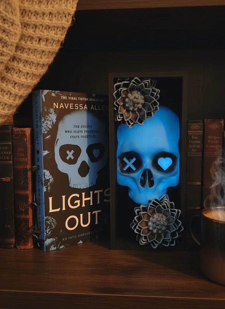 Book titled 'Lights Out' with a skull design on a shelf.