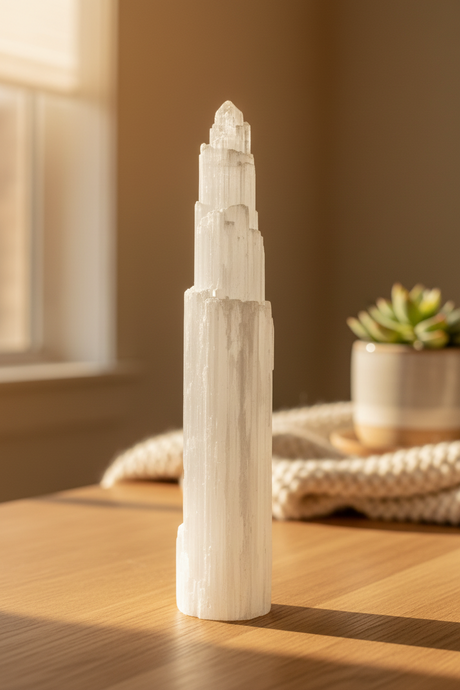 Selenite sculpture on a wooden surface with a blurred background