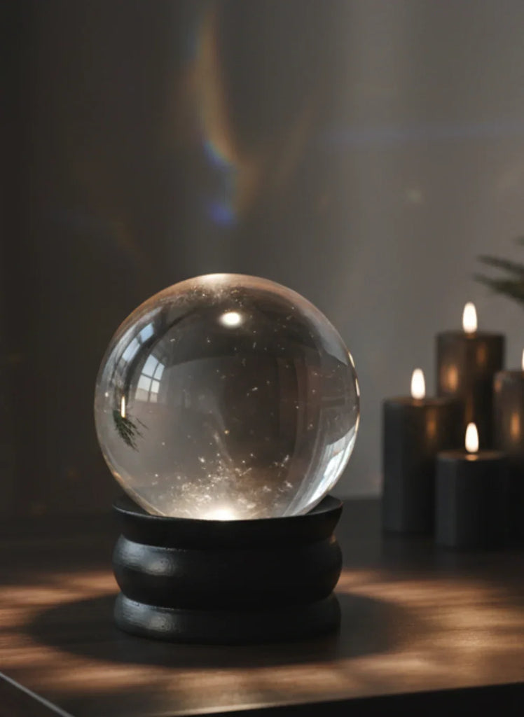 Clear crystal ball on a dark wooden surface with candles in the background