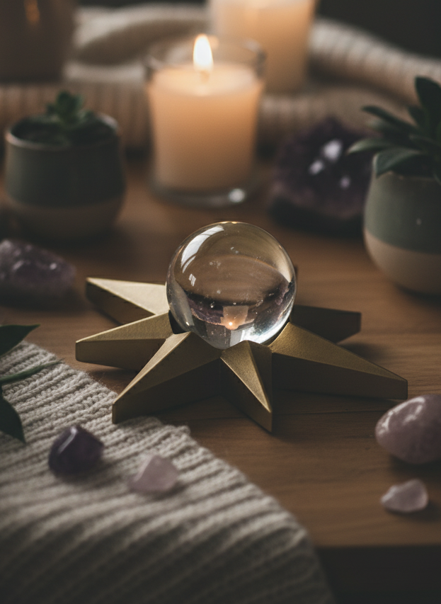 Star-shaped crystal holder with a clear sphere on a wooden surface with candles and crystals.