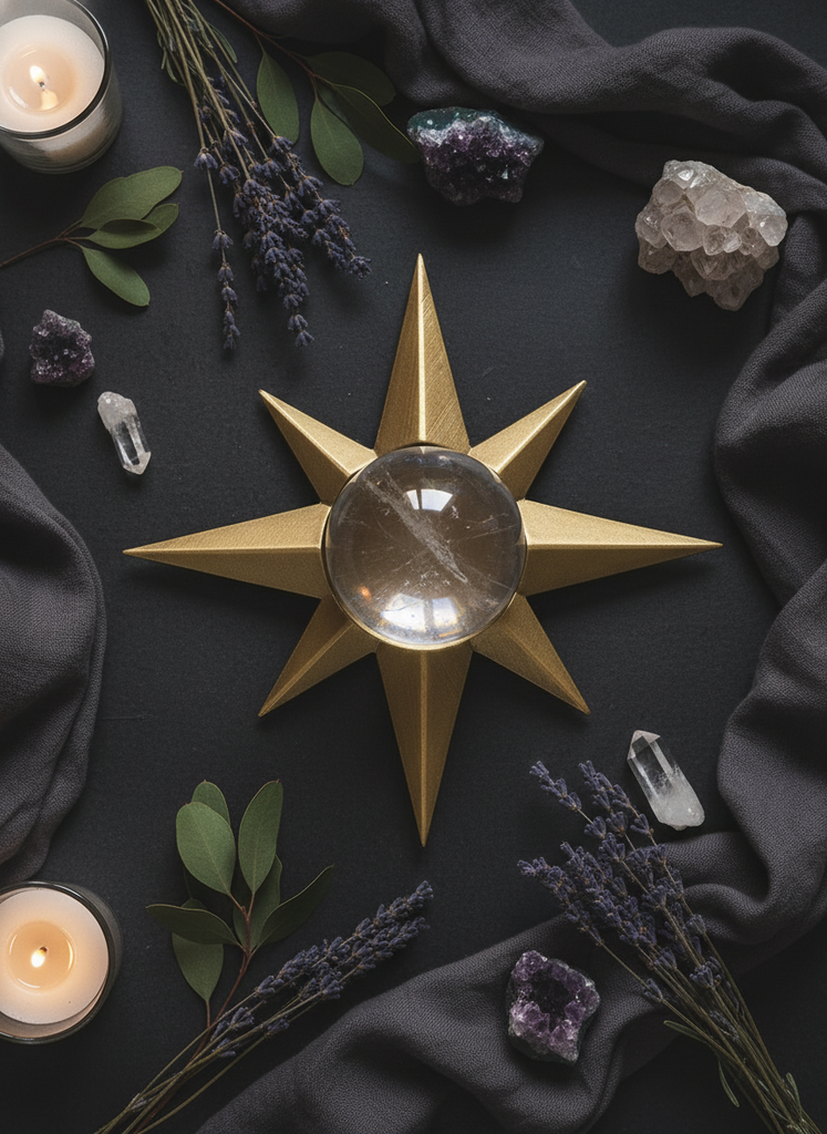 Decorative star with a crystal ball surrounded by candles, lavender, and crystals on a dark surface