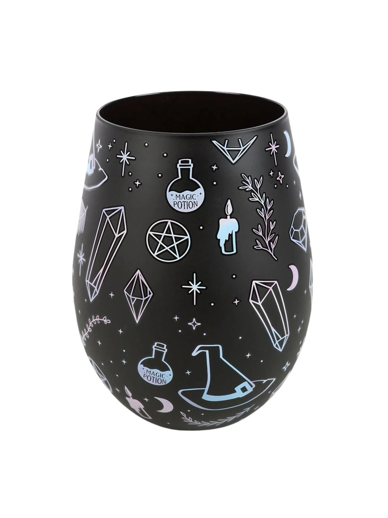 Black stemless wine glass with white and blue mystical designs on a white background