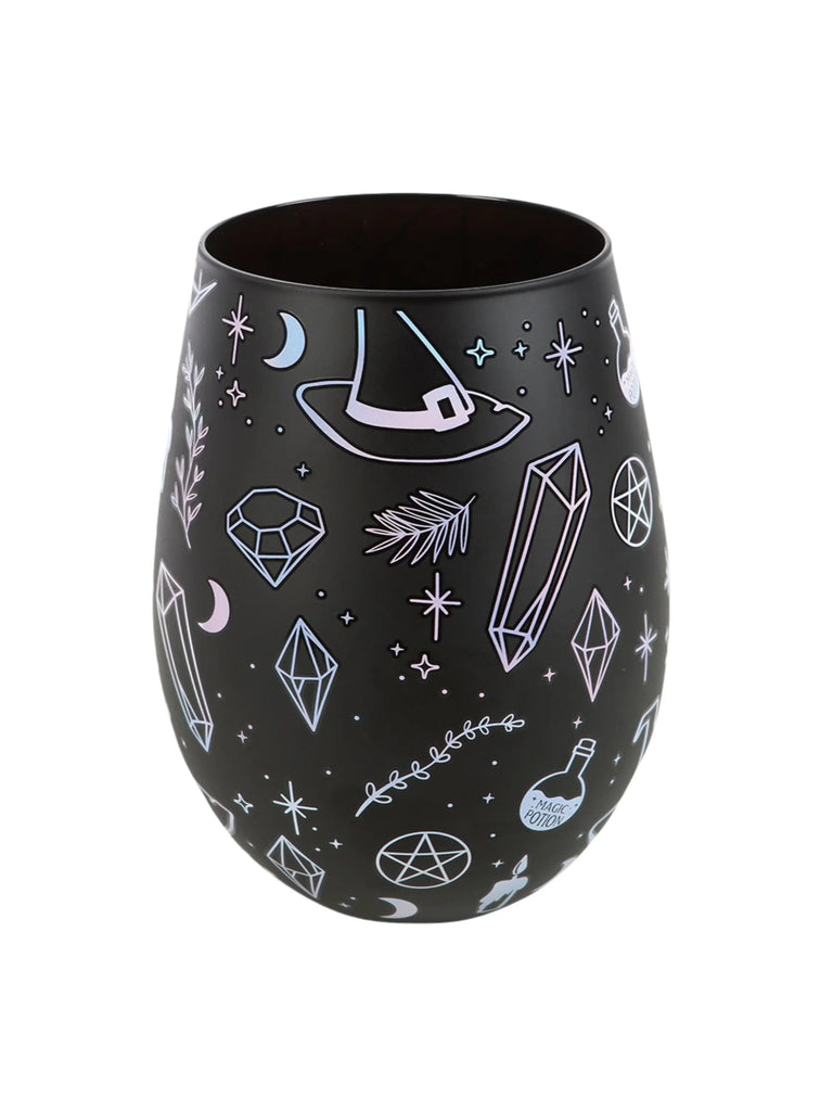 Black stemless wine glass with white geometric and nature-themed patterns on a white background