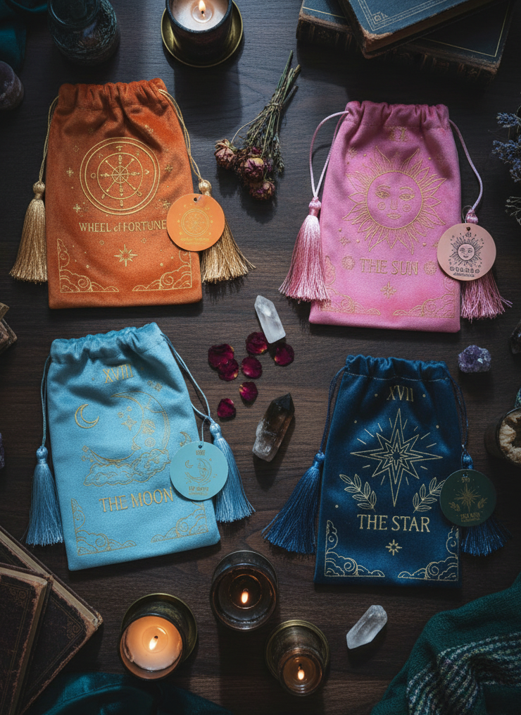 Four drawstring bags with tarot card symbols on a dark surface with candles and crystals.