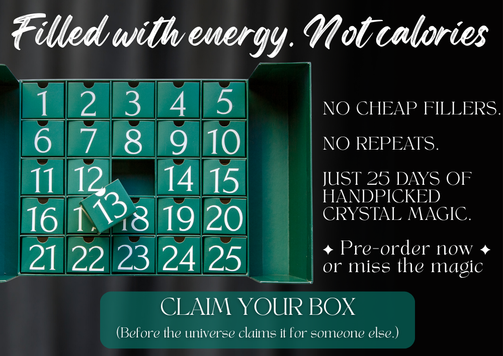 Luxury crystal advent calendar box with 25 handpicked pieces. No fillers, no repeats. Limited pre-orders from Unearthed Crystals.
