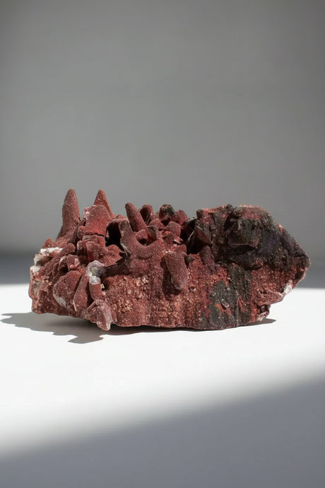 Red mineral specimen on a white block with a plain background