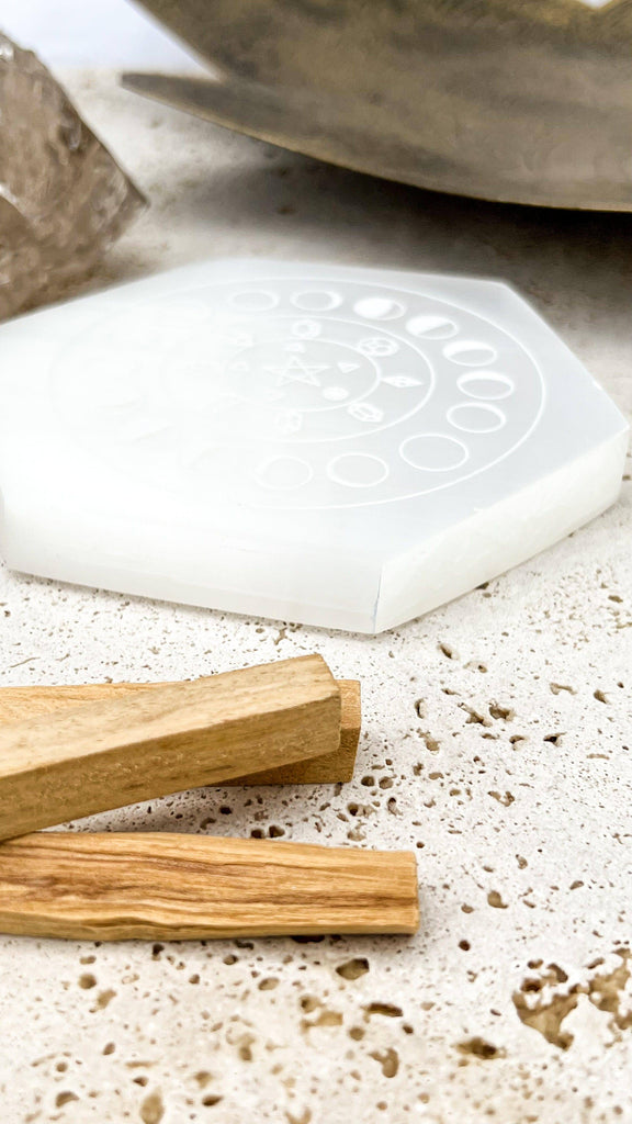 Selenite Hexagon Charging Plate | Phases of the Moon | Large - Unearthed Crystals
